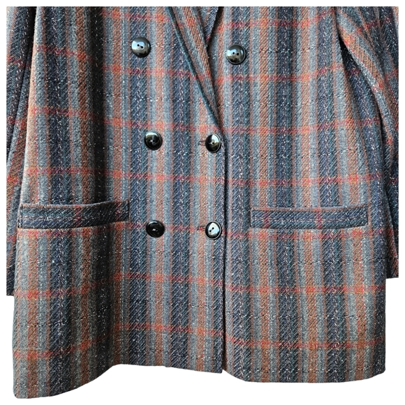 Vintage 90s Oversized Grey Red Blue Glen Plaid Hand Made Woolen Jacket Blazer 12 - Picture 7 of 15